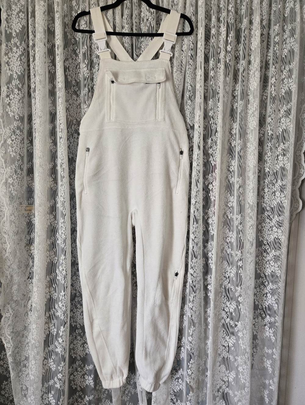 Vintage Style White Fleece Ski Overalls / Bibs - Picture 2 of 8